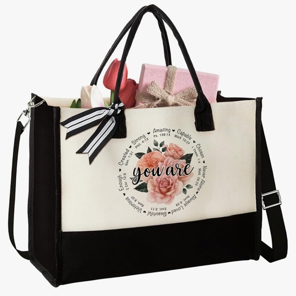 New! Canvas tote large bag with scripture religious Christian flower white black - Picture 1 of 7